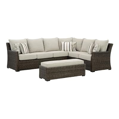 Signature Design by Ashley Brook Ranch Outdoor Sectional, 3-Piece Patio Furniture Set with Rust-Free Aluminum Frame, L Shaped Resin Wicker Couch and Bench for Backyard Entertaining, Beige & Brown