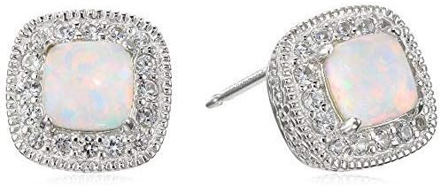 Amazon Collection Sterling Silver Cushion Cut Birthstone and Created White Sapphire Halo Stud Earrings