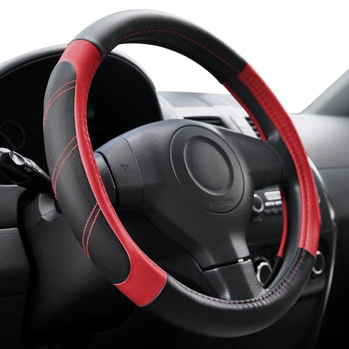 Image of Elantrip Leather Steering Wheel Cover 14 1 /2 to 15 inch Universal Padded Soft Grip Breathable for Car Truck SUV Jeep Anti Slip Black and Red