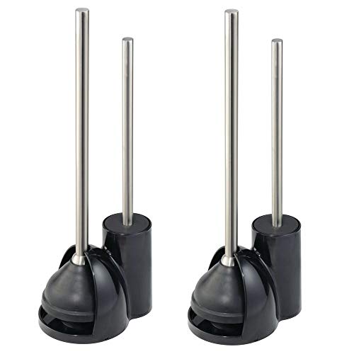 mDesign Compact Plastic Toilet Bowl Brush and Plunger Combo Set with Holder - Caddy for Bathroom Storage - Sturdy, Heavy Duty, Deep Cleaning - 2 Pack - Black/Brushed