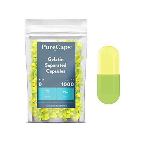 PureCaps USA - Empty Gelatin Capsules Size 0| 1,000 Separated Pills| Green/Yellow| Non-GMO Certified | SLS, Gluten, Preservative Free PureCaps USA - Empty Gelatin Capsules Size 0| 1,000 Separated Pills| Green/Yellow| Non-GMO Certified | SLS, Gluten, Preservative Free