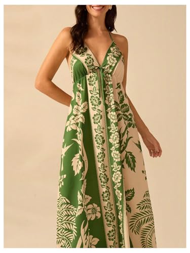 Image of SOLY HUX Women's Boho Floral Print Maxi Dress Halter Backless Flowy Long Vacation Beach Summer Dresses