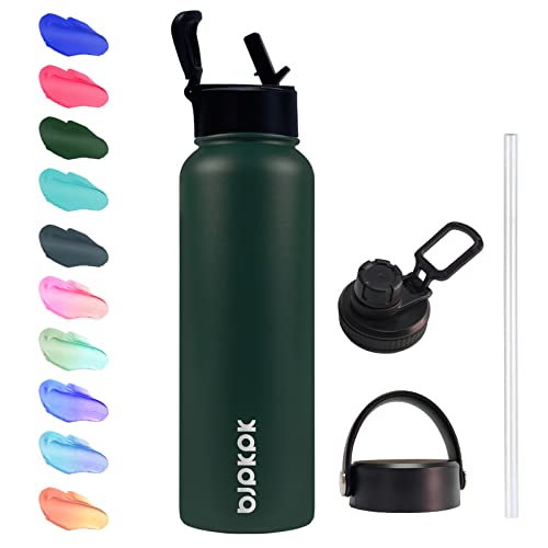 BJPKPK 40oz Insulated Water Bottles,Stainless Steel Water Bottle with Straw,Thermo Insulated Water Bottles with 3 Lids,Hot Cold Water Bottles for School- 1200ml/40oz- Army Green