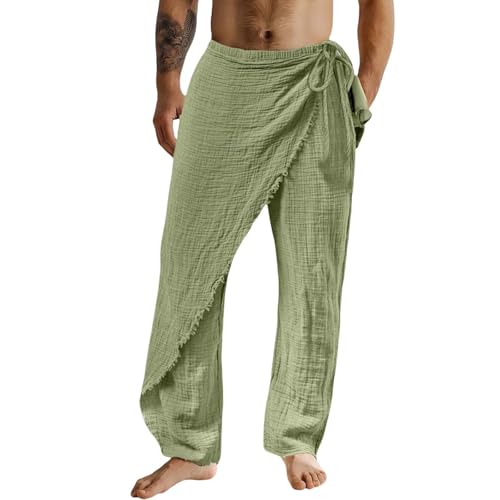 Voylansi Pantalones de pescadores tailandeses cruzados, pantalones casuales de playa para hombre, cómodos, ligeros, con correa, ajuste holgado, pantalones de secado rápido, transpirables, suaves