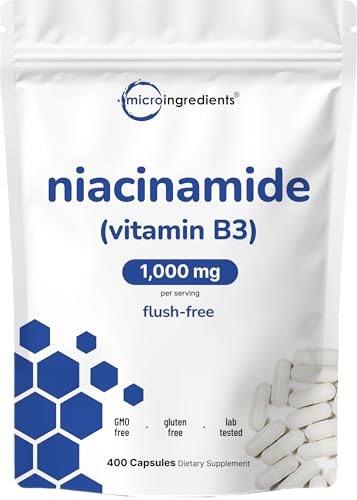 Vitamin B3 Niacinamide 500mg Per Capsule, 400 Capsules | 1,000mg Flush Free Niacin Per Serving, Essential B Vitamin Supplement | Skin Care Health & Energy Support | Non-GMO, Gluten Free