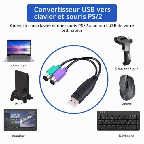ISTARCOMPUTER Câble PS/2 vers USB Adaptateur USB Actif vers Double PS/2 Adaptateur Convertisseur pour Souris et Clavier PS2 – vue 3