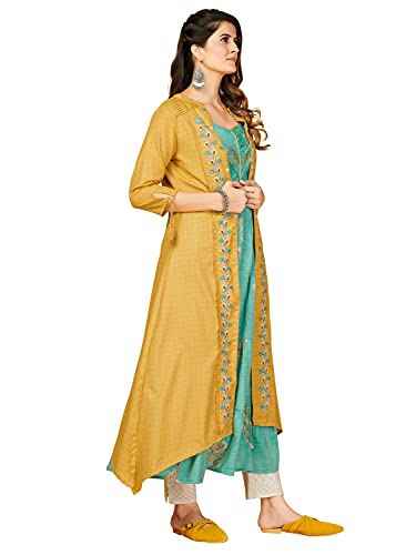 Image of Vbuyz Women's Printed & Embroidered Anarkali Blue Viscose Rayon Kurta With Musturd Cotton Stylish Shrug |Women Kurtas|Stylish Shrug Kurta set|Shrug set|kurta for women