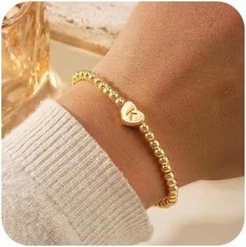 Heart Initial gold Beaded Bracelet for Women Dainty Gold Plated letter Charm Bracelet,Handmade Boho Stretch Bracelet Trendy Jewelry Gift Friendship
