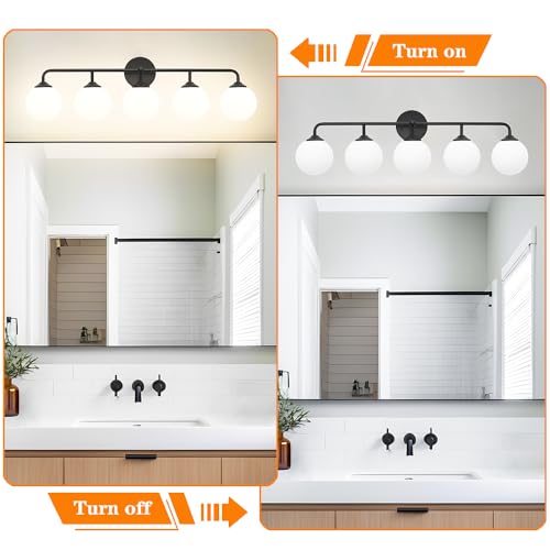 Image of Modern Matte Black 5-Lights Bathroom Vanity Light, Lighting Fixtures Over Mirror with Milky White Glass Ball Shades, Wall Sconces for Bathroom Dressing Table Bedroom