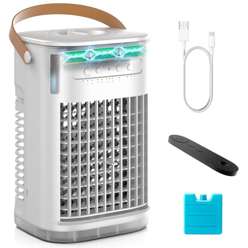 Portable Air Conditioners w/Remote, Mini Air Conditioner, 5400mAh Built-in Battery, 1.2L Water Tank & Ice Box, Auto-off Timer, Evaporative Air Cooler With 3Speeds, Desktop Fan For HomeOutdoors
