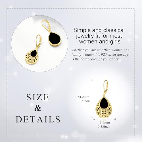 Black Onyx Drop Earrings for Women Sterling Silver 14k Gold Plated Filigree Dangle Leverback Earrings Jewelry Gift for Girls4