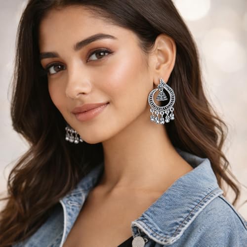 Image of 16 Pair Oxidised Silver Earring Jhuma Box Combo Set - Traditional Jhumka Earrings, Chandbali & Stud Collection for Women, Silver Trendy 16 Pair Earrings Jhumka Earrings Wirh Black Velvet Box