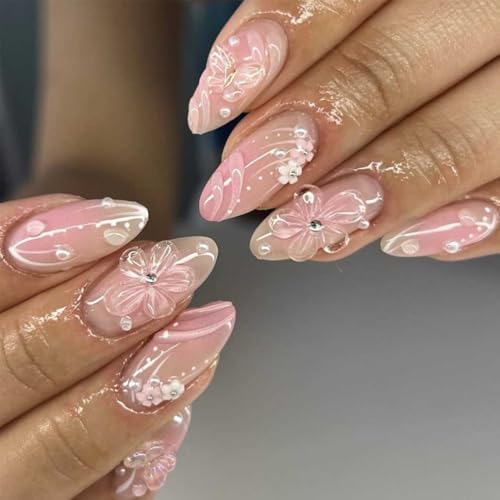 Foccna Almond Press on Nails -Soft Gel Medium Pink Fake Nails French Glossy Butterfly Artificial Nails 3D Flower Design Nails Clear,24pcs