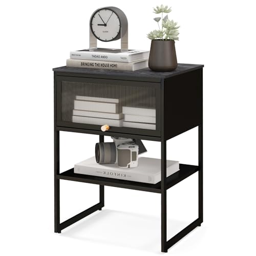 LIFEZEAL Comodino, Mobiletto Camera da Letto, Effetto di Marmo, con 1 Cassetto, Tavolino Lato Divano a 2 Ripiani, Tavolino Laterale da Salotto, Telaio in Metallo, Moderno, Max 40kg, 40x32x56cm, Nero