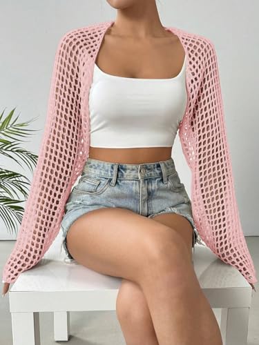 Image of Women's Lightweight Crop Cardigan Crochet Knit Long Sleeve Bolero Shrug Sweater