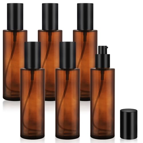 6 Pcs 100ml/3.4oz Amber Glass Pump Bottles Refillable Lotion Dispenser Cosmetic Sample Storage Container Vial with Black Pump Head for Liquid Foundation Soap Shower Gel Shampoo Toiletries