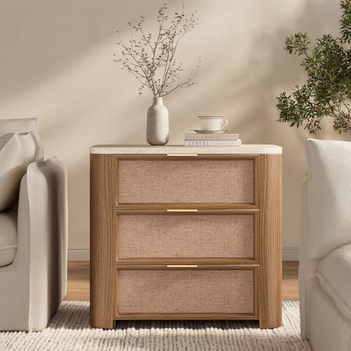 ADORNEVE 24" Tall Rattan Nightstand with Faux Marble Top, 26"