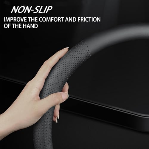 Echtes Leder Lenkradbezug, EIN 38cm Ultra-Dünnes Anti-Rutsch D-Typ Lenkradbezug Leder, Lenkradhüllen Vier Jahreszeiten Universell, Langlebig Auto Lenkradbezug(Schwarz)