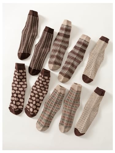 WDIRARA Women's 5 Pairs Pattern Socks Vintage Comfy Breathable Crew Socks2