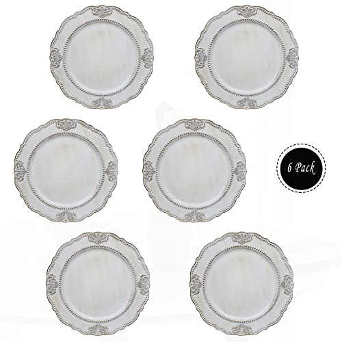 Spsyrine Antique White Charger Plates, Set Of 6 Embossed Baroque Chargers For Dinner Plates, Wedding, Party #TOP2
