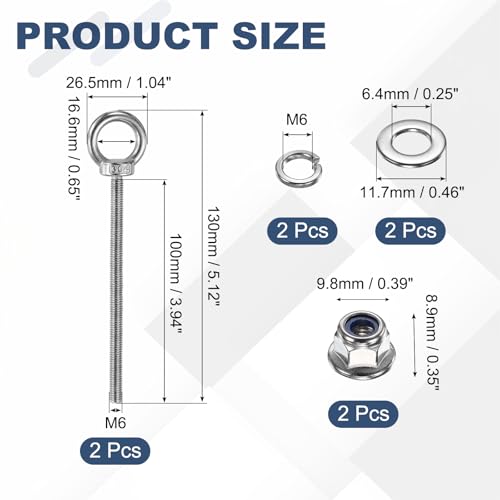 Image of PATIKIL M6 x 100mm Shoulder Eye Bolt, 2 Pcs 304 Stainless Steel Lifting Ring Threaded Eye Bolt with Flange Lock Nuts Spring and Flat Washers for Hanging Tie Down Straps Outdoor Indoor