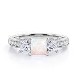 YDD Opal Engagement Rings for Women 1ct Princess Cut Opal and Moissanite Engagement Rings for Women 10K 14K 18K White/Yellow/Rose Gold 3 Stone Opal Engagement Wedding Ring