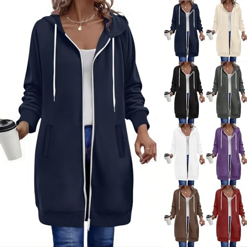 Generisch Damen Kapuzenjacke Lang Sweatjacke mit Kapuze Hoodie Jacke Herbst Winter Mantel Sweatshirts Langarm Kapuzenpullover Strickjacke mit Reißverschluss Taschen Casual Übergangsjacke Winterjacke