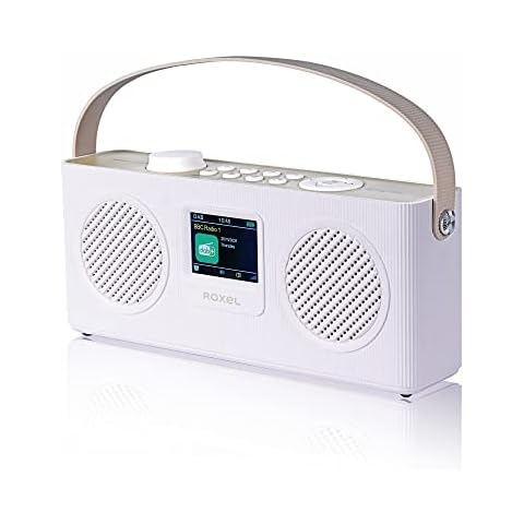 ROXEL RDR-80 Multi-functional FM & DAB/DAB+ Radio | Bluetooth Speaker | USB Playback, Mains and Battery Powered | Bedside Alarm Clock with Sleep Function, Colourful display (White & Cappucino) Cover