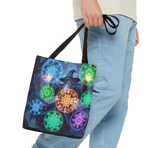 Premium Tote Bag featuring a Vividly Colored Wizard Casting Spells Shaped like Mandalas with Reinforced Stitching3