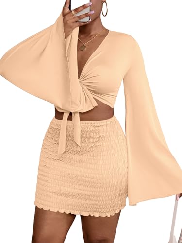 Image of LYANER Women 2 Piece Vacation Outfits Tie Knot Front Bell Long Sleeve Crop Top and Mini Skirt Summer Set