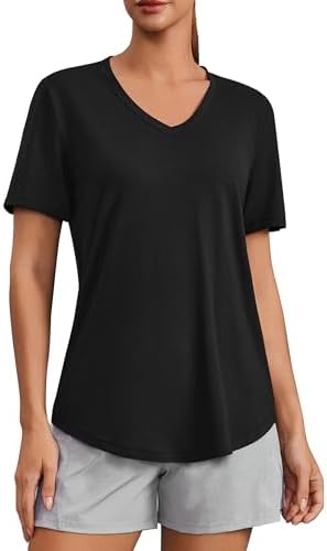 PINSPARK Workout Tops for Women Short Sleeve V Neck Moisture Wicking Gym Shirts Quick Dry Athletic T-Shirts for Running Hiking,Black Large