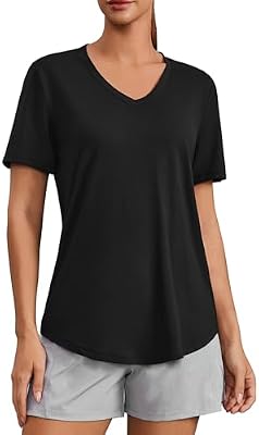 PINSPARK Workout Tops for Women - Short Sleeve V Neck Moisture Wicking Gym Shirts, Black, X-Large