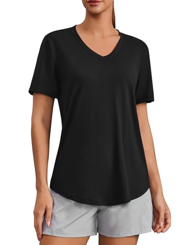 PINSPARK Workout Tops for Women Short Sleeve V Neck Moisture Wicking Gym Shirts Quick Dry Athletic T-Shirts for Running Hiking,Black Large