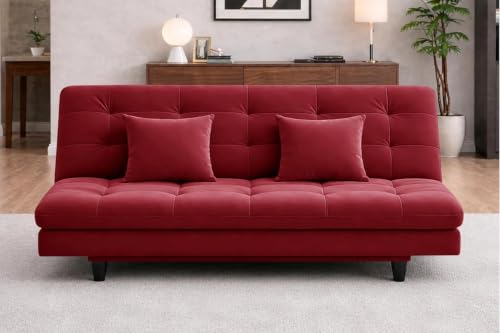 Image of Rosebell Modern Wooden 3-Seater Sofa Cum Bed Foldable Velevt Fabric Sofa for Living Room, Guest Room & Office-Red-Color