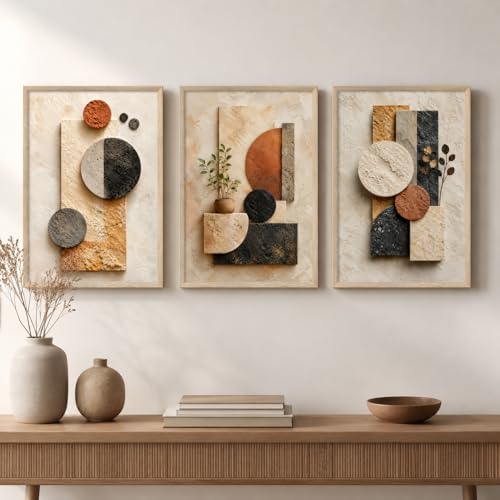 Image of Livin'luxe Set of 3 Geometric Abstract Wall Photo with Frame for Living Room Bedroom Hall Office Decor, Premium Wooden Synthetic Frame Modern Artwork Gift