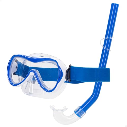AKTIVE Aqua Sport Kit Gafas Snorkel niño, Máscara Ajustable, Tubo de Buceo, Sin látex, Hipoalergénico, 2 Colores, Azul, Negro, Envío Aleatorio, Red Rejilla de Transporte, 7 años (54241)