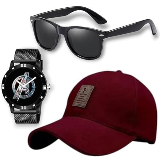 Combo Pack of 3 Stylish Dial Watch, Stylish Sport Baseball Cap & Stylish Aviator Sunglass for Men’s and Boy’s Combo Pack of 3 Stylish Dial Watch, Stylish Sport Baseball Cap & Stylish Aviator Sunglass for Men’s and Boy’s