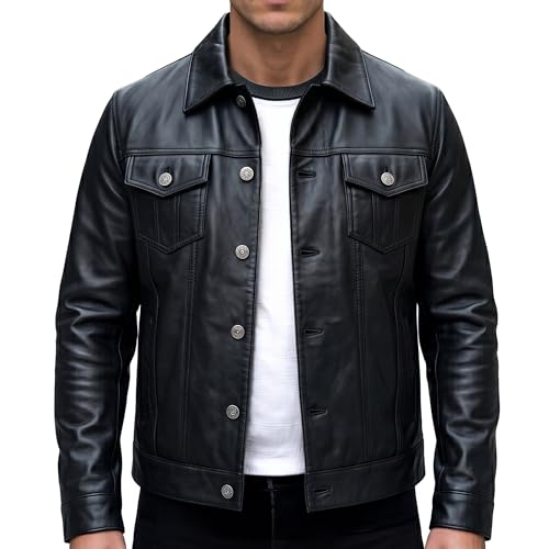 Image of Mens Leather Jackets - Real Lambskin Trucker Style Vintage Leather Jacket Men