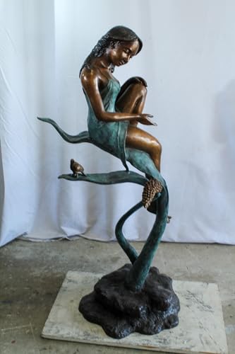 Estatua de bronce niña sentada en vid con pájaro 26x24x53 in miniatura 3