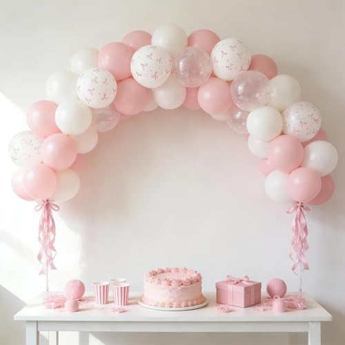 Image of 12 Inch Pink Bow Balloons Set 60 Pcs Pastel Pink White Clear Bow Print Latex Balloons for Princess Birthday Bridal Shower Wedding Party Decorations
