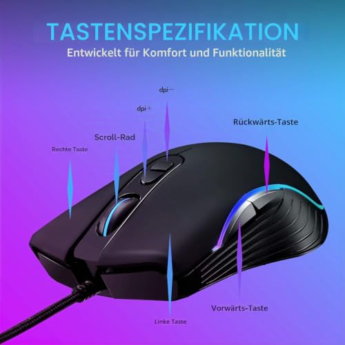 LYCANDER LMC380 Gaming-Maus, kabelgebunden, Optische USB-Mäuse mit Einstellbarer Dpi, bis zu 6400, 7 Tasten, LED, 1, 5 m Kabel – Ansicht 3