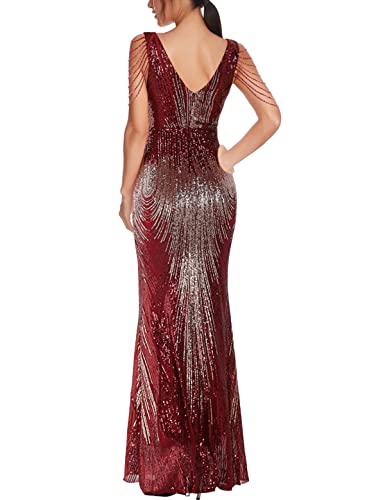 Image of Women 1920s Plus Size Formal Dress Tassels Sleeve Sequins Gatsby Maxi Evening Gown