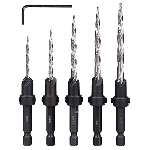 Wolfride 5 x Senkbohrer-Bits, 6,35 mm (1/4 Zoll), Sechskantschaft, konischer Bohrersatz für Holz Cover
