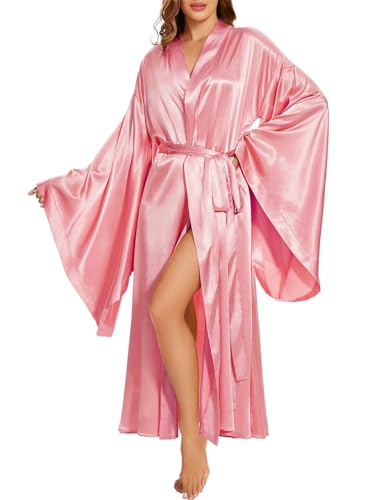 MAYILNSIN - Bata Kimono de Seda Larga para Mujer, Albornoz de Seda, Vestido de Noche de Boda, Albornoz de Fiesta, Ropa de Dormir, Ropa de Estar por Casa, Talla Grande, rosa, S