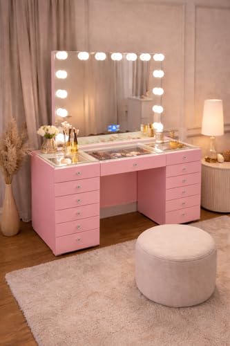 Générique Coiffeuse Vanity avec Miroir Lumineux LED Bluetooth USB – 13 tiroirs – Rose