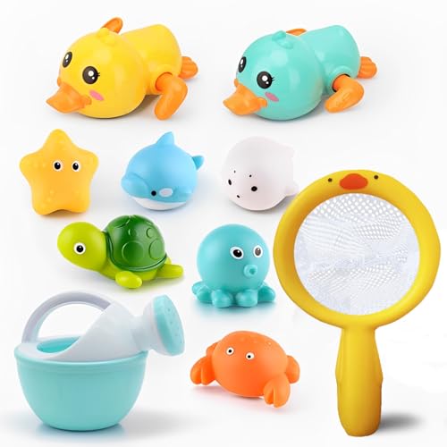 Image of Bath Toys for Babies 6-12 Months+, Wind-up Ducks Bath Toys for Kids Ages 1-3, No Hole Ocean Animal Floating Pool Toys , Watering Can Fishing Net Water Toys for Toddlers