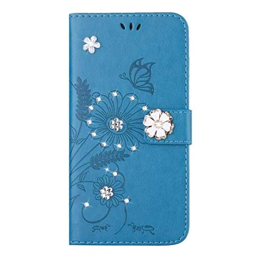 Kompatibel med iPhone 7 Plus-fodral, iPhone 8 Plus-fodral, mobiltelefonfodral iPhone 7 Plus blomma fjäril glitter strass diamant PU läderskal flip skal plånbok väska skyddande skal för iPhone 8 Plus, blå