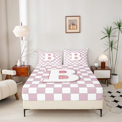 Image of Erosebridal Pink Initial B Bed Sheets Queen Kawaii Plaid Checkered Sheet Set Cute Personalized Monogram Bedding Set for Kids Girls Teen Women,Fashion Grids Gingham Fitted Flat Sheets 4 Piece