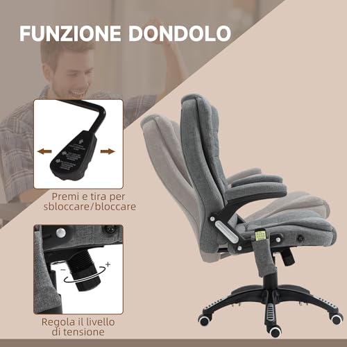 Sedia da Ufficio Massaggiante a 6 Punti Vibrante con Funzione Dondolo e Riscaldata, Poltrona Ufficio Reclinabile con Altezza Regolabile, Telecomando e Tasca Laterale in Tessuto, Grigio - Sedia gaming - Immagine 5