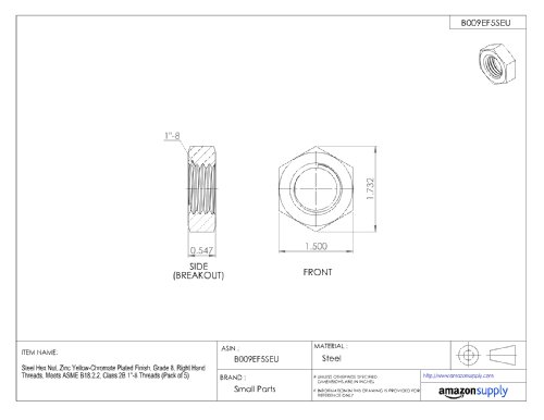 Steel Hex Nut, Zinc Yellow-Chromate Plated, Grade 8, Asme B18.2.2, 1-1/8"-12 Thread Size, 1-11/16" Width Across Flats, 31/32" Thick (Pack Of 5) #TOP1